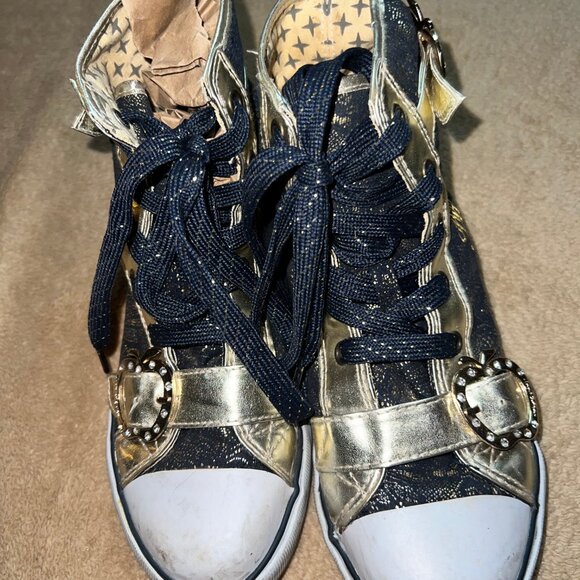 AppleBottom Sz 8 Youth Hightop Gold Denim Blue Sparkle Bling Sneakers S04 - Picture 5 of 7